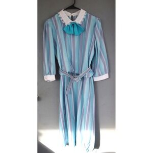 Vintage 80s Dress Secretary Geek Corpcore USA 14 Collar Bow Belted Striped